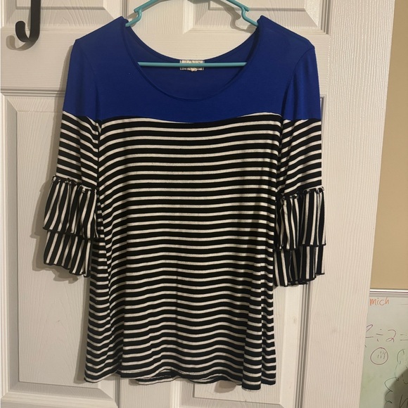 Emi & Ice size small comfy shirt . Blk/white strips , royal blue , ruffles - Picture 6 of 6